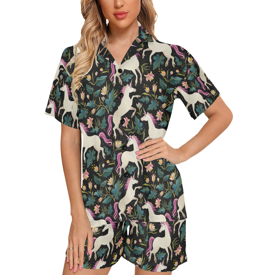 Unicorns forest background Women's V-Neck Short Pajama Set