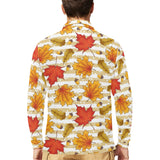 Maple leaf oak leaf acorns beige striped backgroun Men's Long Sleeve Polo Shirt