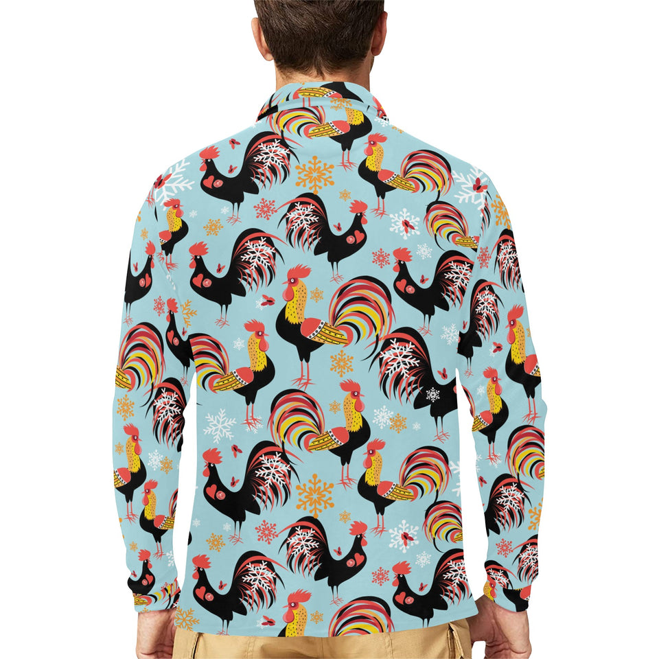 Rooster chicken cock snowfalke Men's Long Sleeve Polo Shirt