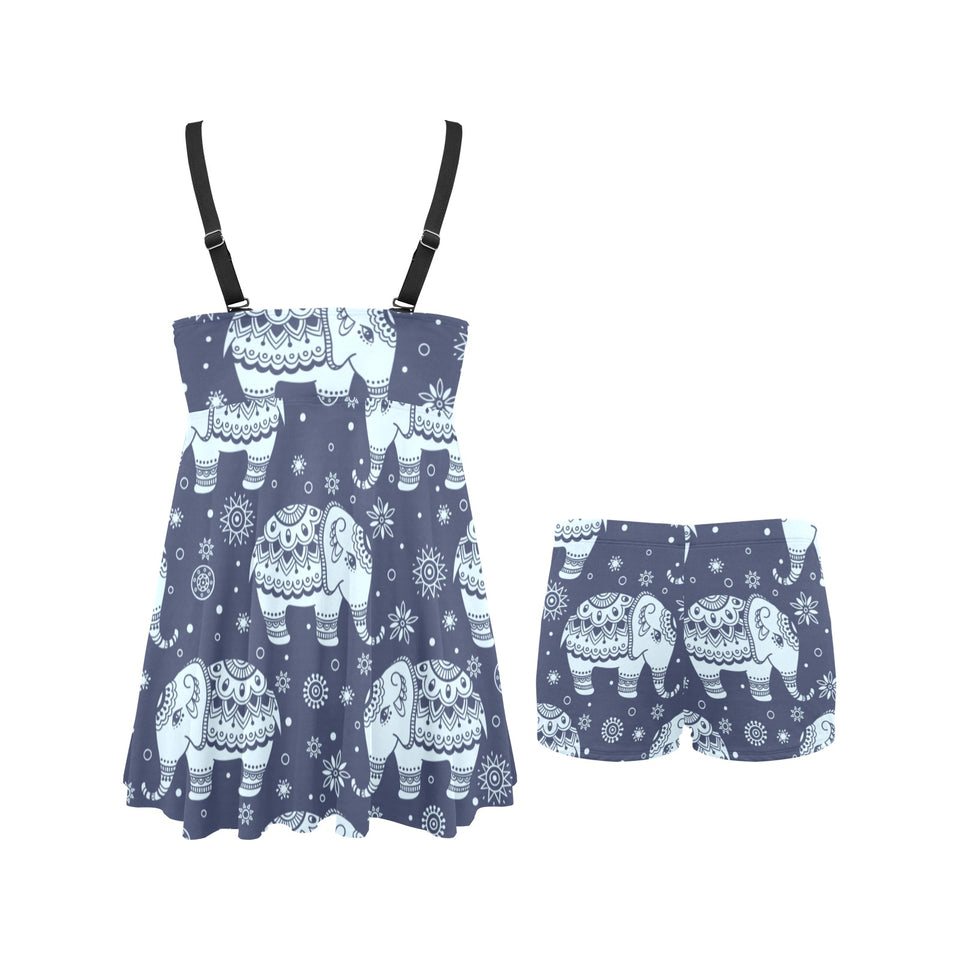 Elephant tribal design pattern Chest Sexy Pleated Two Piece Swim Dress
