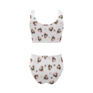 Cute pugs pink heart paw pattern Chest Bowknot High Waisted Bikini Swimsuit