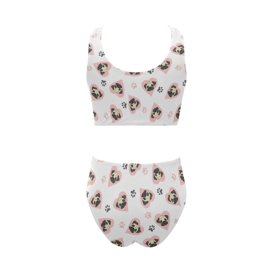 Cute pugs pink heart paw pattern Chest Bowknot High Waisted Bikini Swimsuit