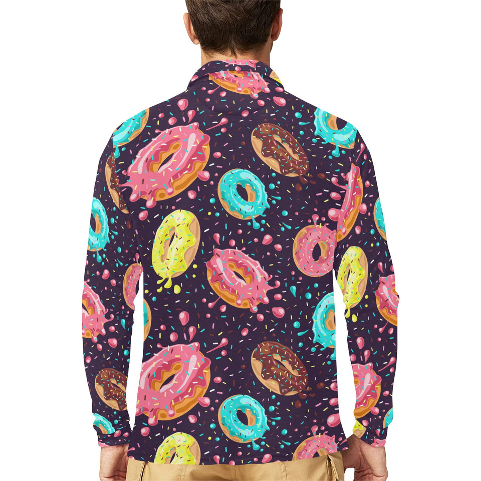 Colorful donut glaze pattern Men's Long Sleeve Polo Shirt