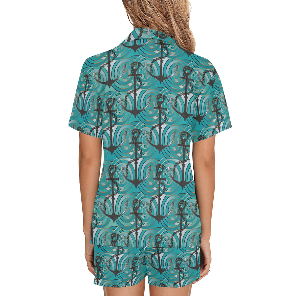 Anchor nautical green background Women's V-Neck Short Pajama Set