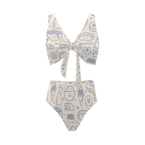 Cute sushi icon pattern Chest Bowknot High Waisted Bikini Swimsuit