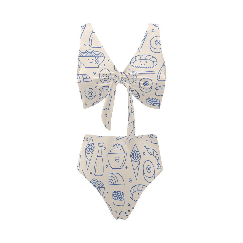Cute sushi icon pattern Chest Bowknot High Waisted Bikini Swimsuit