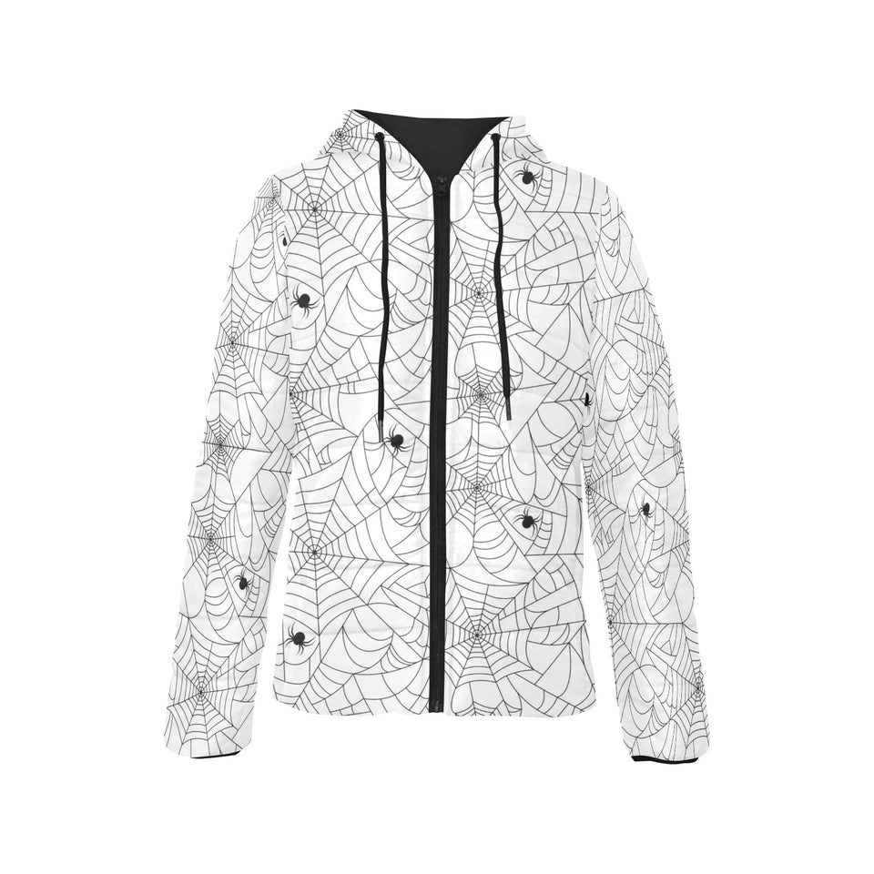 Spider web cobweb pattern white background Women's Padded Hooded Jacket
