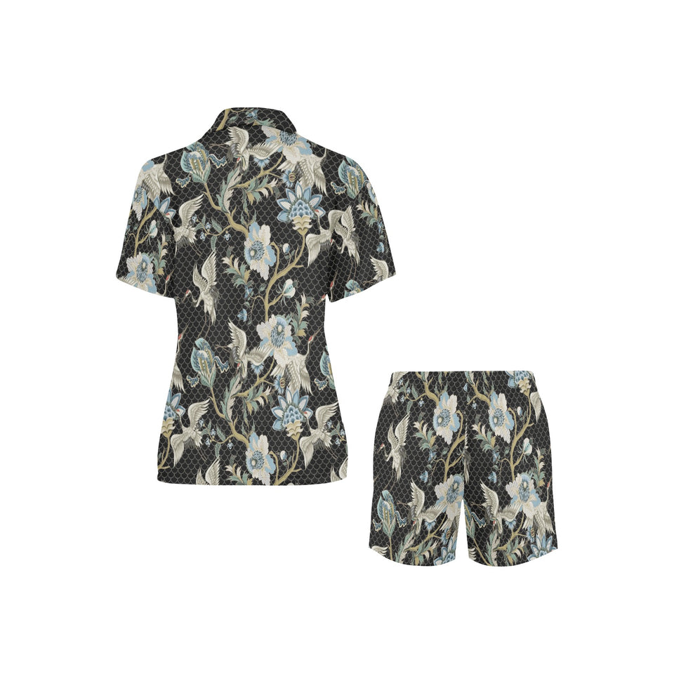 Japanese crane ornament elements Women's V-Neck Short Pajama Set