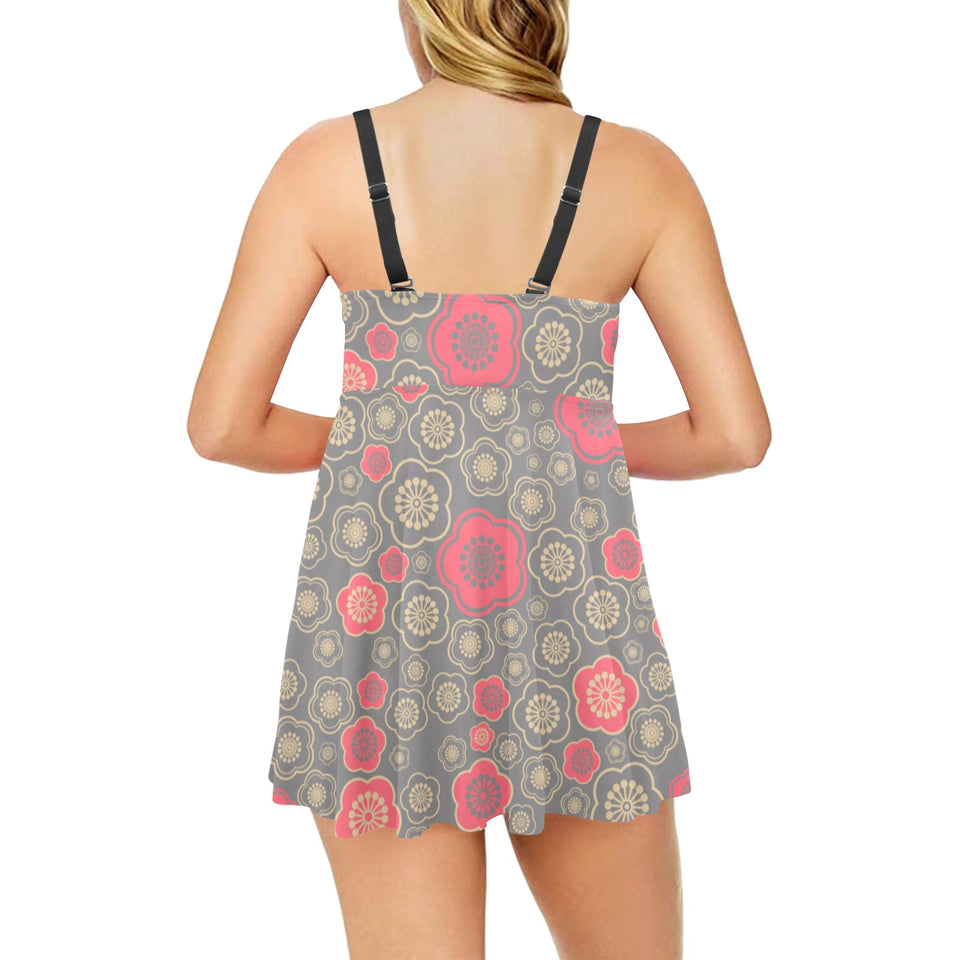 Red gold Sakura cherry blossom gray background Chest Sexy Pleated Two Piece Swim Dress