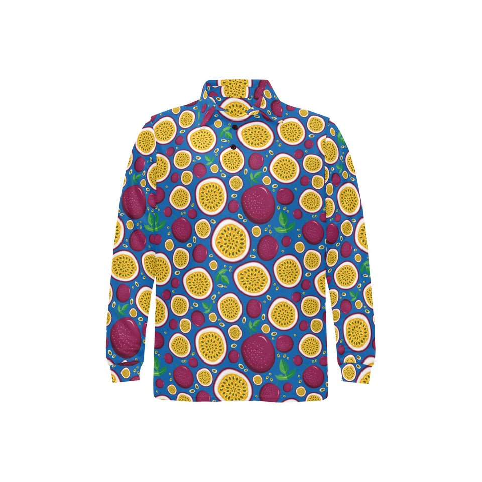 Passion fruit blue background Men's Long Sleeve Polo Shirt