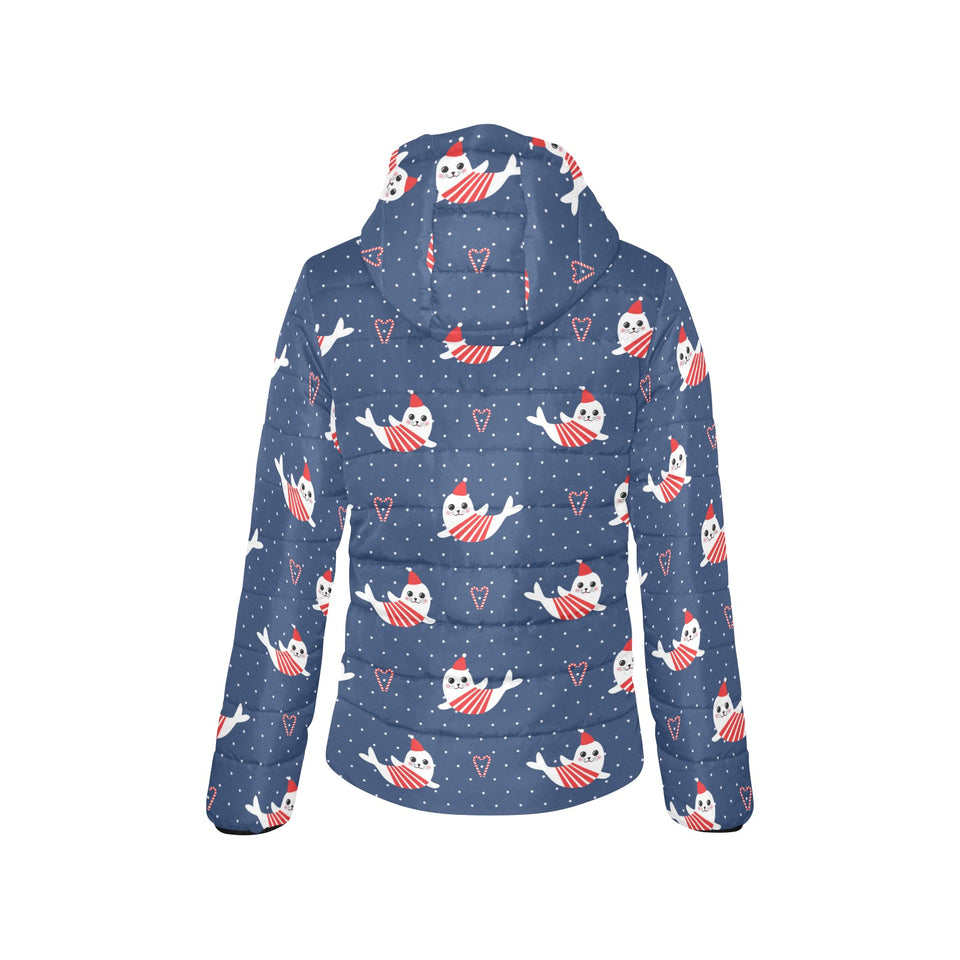 Cute sea lion seal christmas hat candy cane heart Women's Padded Hooded Jacket