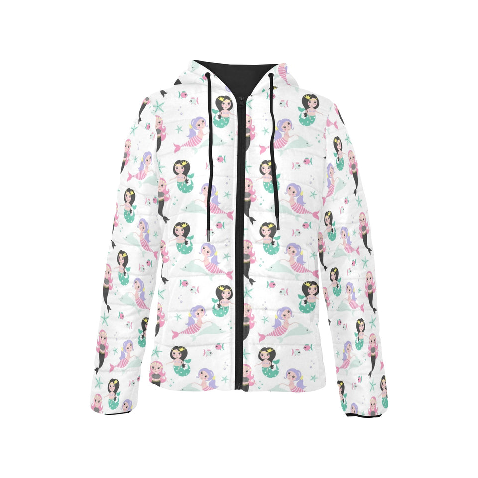 cute mermaid dolphin fish starfish pattern Women's Padded Hooded Jacket