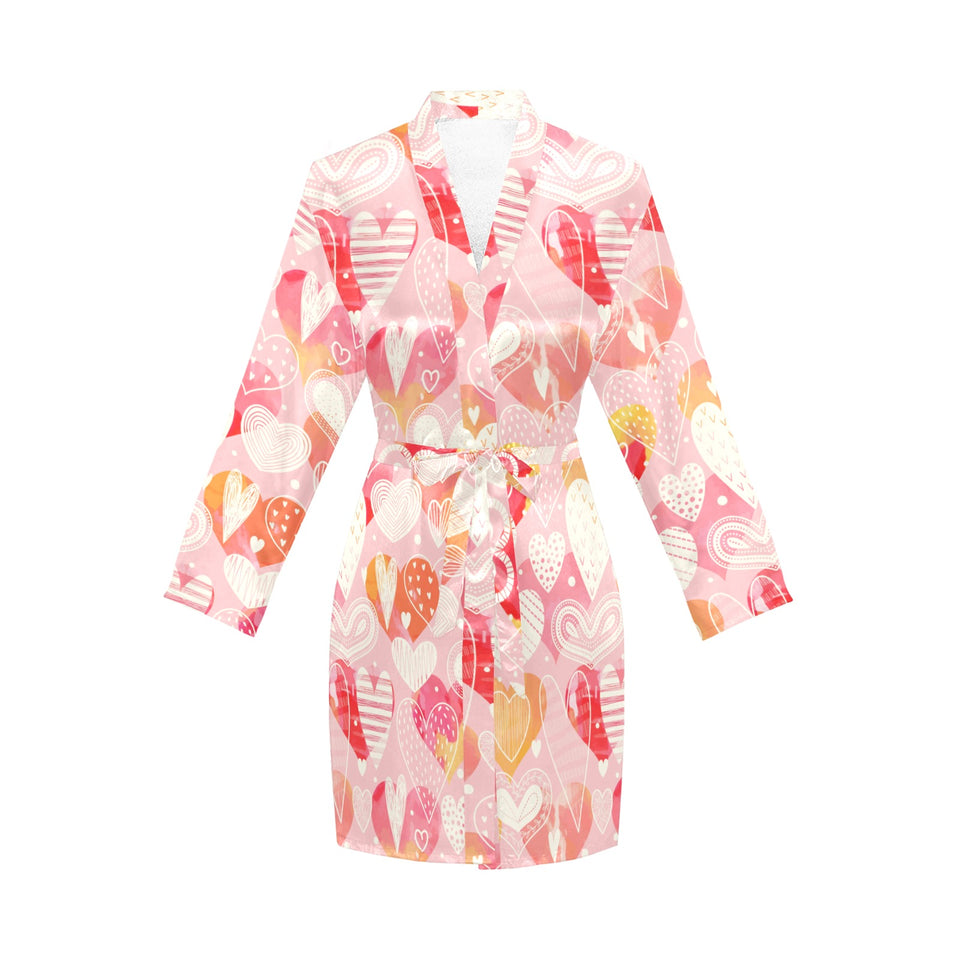 Hand drawn heart design pattern Women's Long Sleeve Belted Night Robe