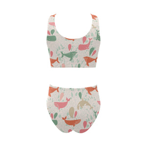 Cute whale pattern Chest Bowknot High Waisted Bikini Swimsuit