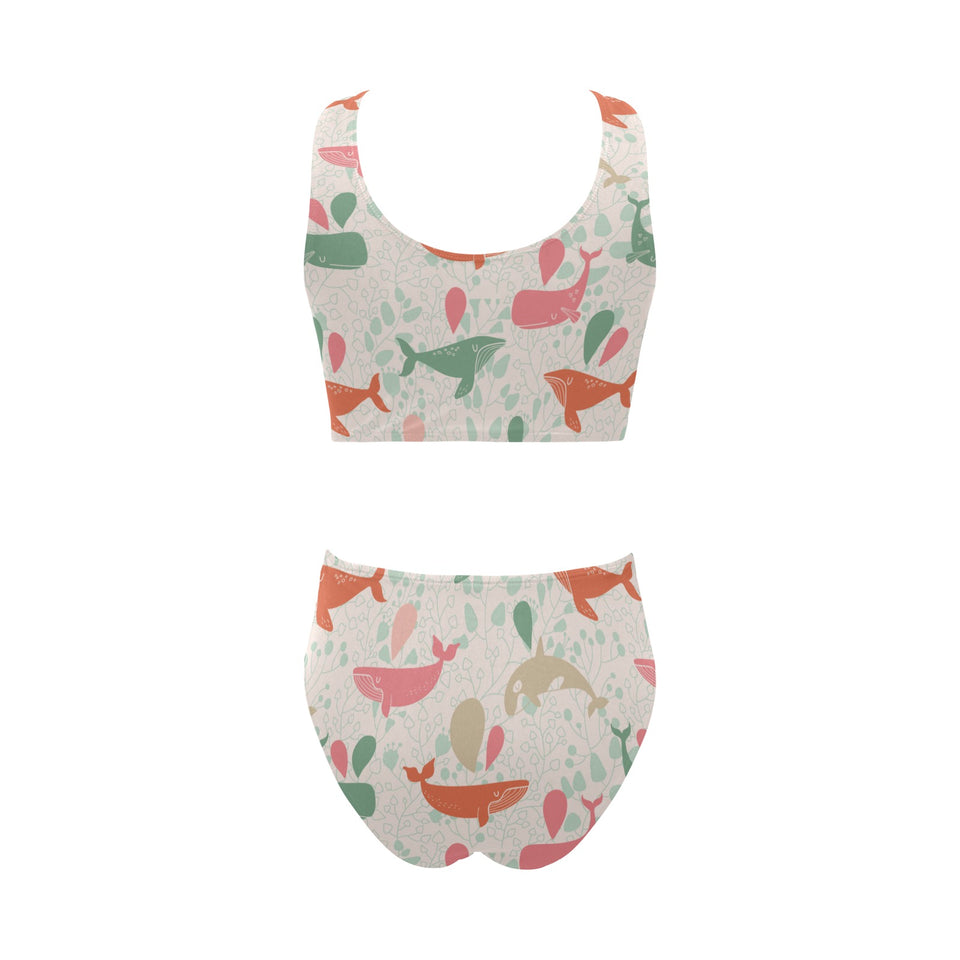 Cute whale pattern Chest Bowknot High Waisted Bikini Swimsuit