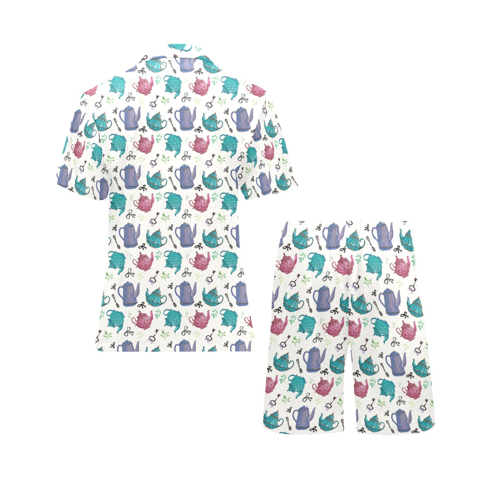 Tea pots Pattern Print Design 05 Men's V-Neck Short Pajama Set