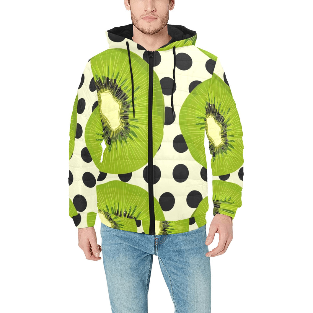 kiwi black dot background Men's Padded Hooded Jacket