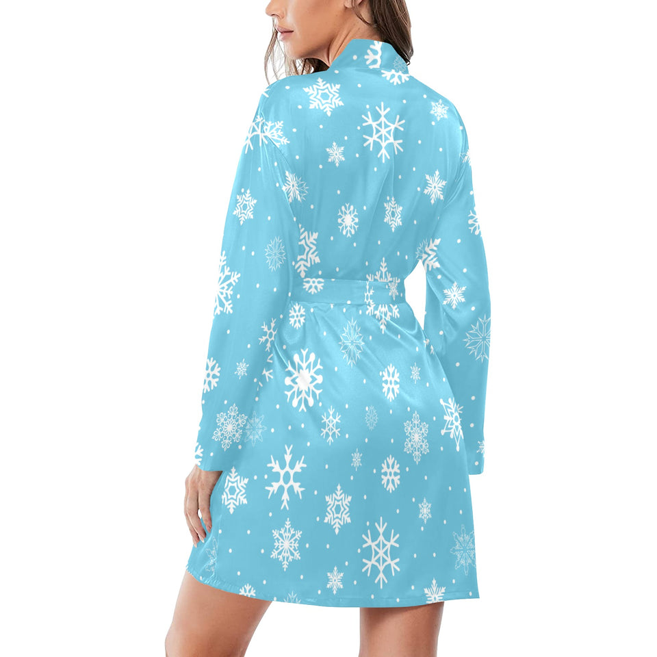 Snowflake pattern blue background Women's Long Sleeve Belted Night Robe