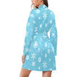 Snowflake pattern blue background Women's Long Sleeve Belted Night Robe