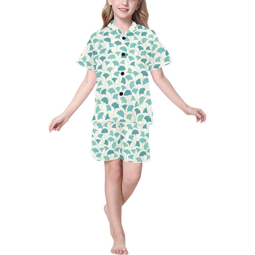 Green ginkgo leaves pattern Kids' Boys' Girls' V-Neck Short Pajama Set