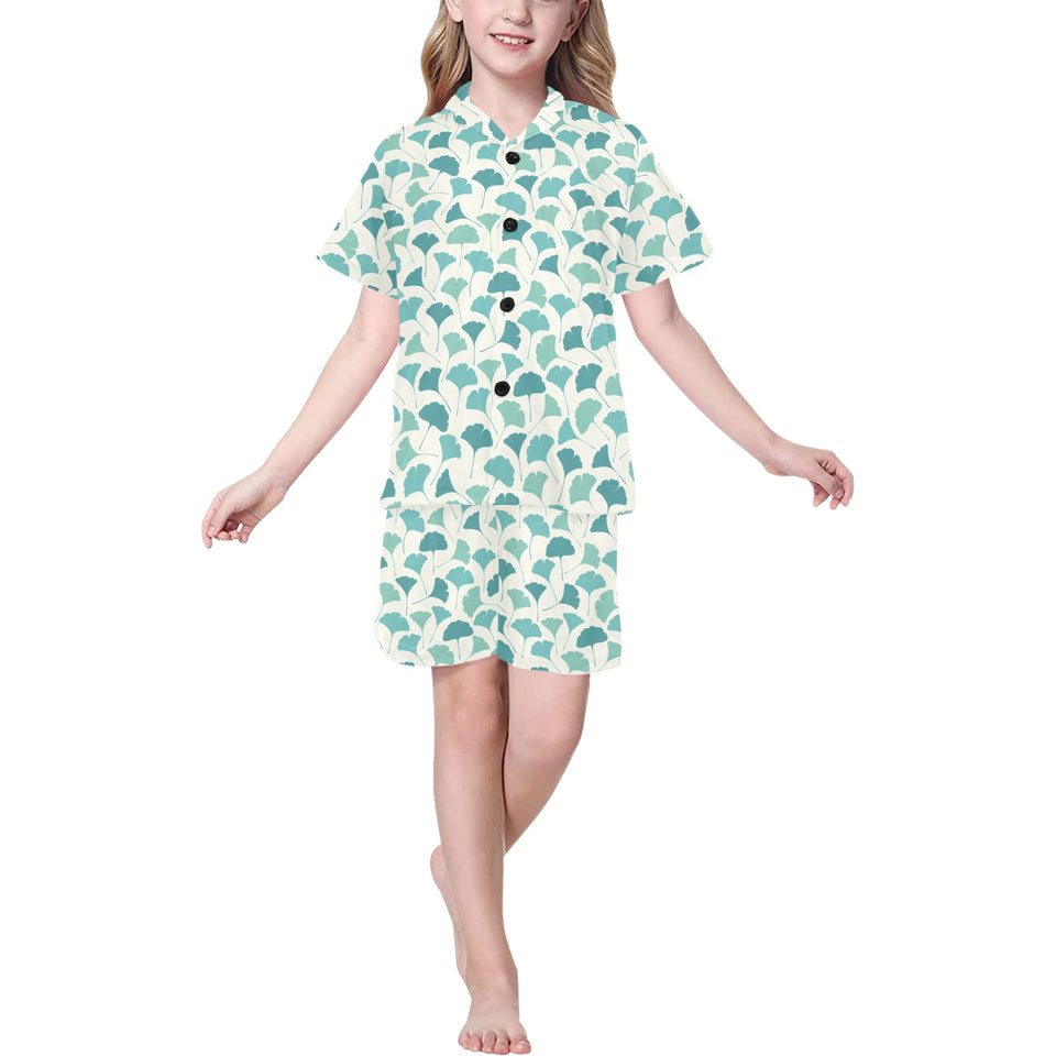 Green ginkgo leaves pattern Kids' Boys' Girls' V-Neck Short Pajama Set