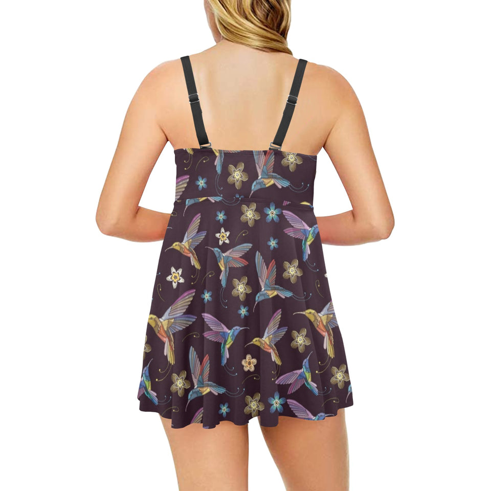 Hummingbird Pattern Print Design 04 Chest Sexy Pleated Two Piece Swim Dress