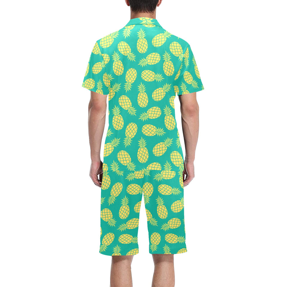 Pineapples pattern green background Men's V-Neck Short Pajama Set