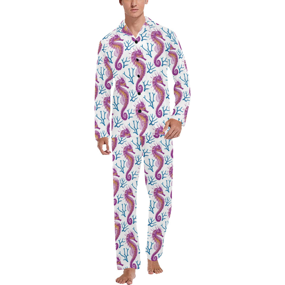 Purple seahorse blue coral pattern Men's Long Pajama Set