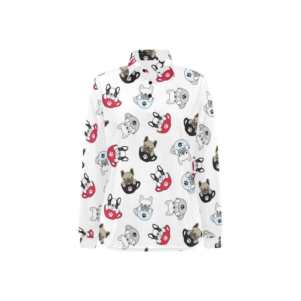 French bulldog cup paw pattern Women's Long Sleeve Polo Shirt