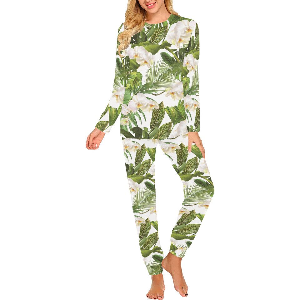 White orchid flower tropical leaves pattern Women's All Over Print Pajama Set