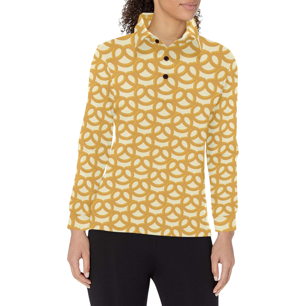 Pretzels Pattern Print Design 01 Women's Long Sleeve Polo Shirt