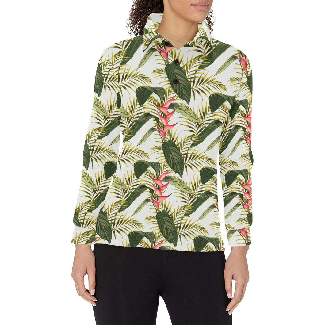 heliconia pattern Women's Long Sleeve Polo Shirt
