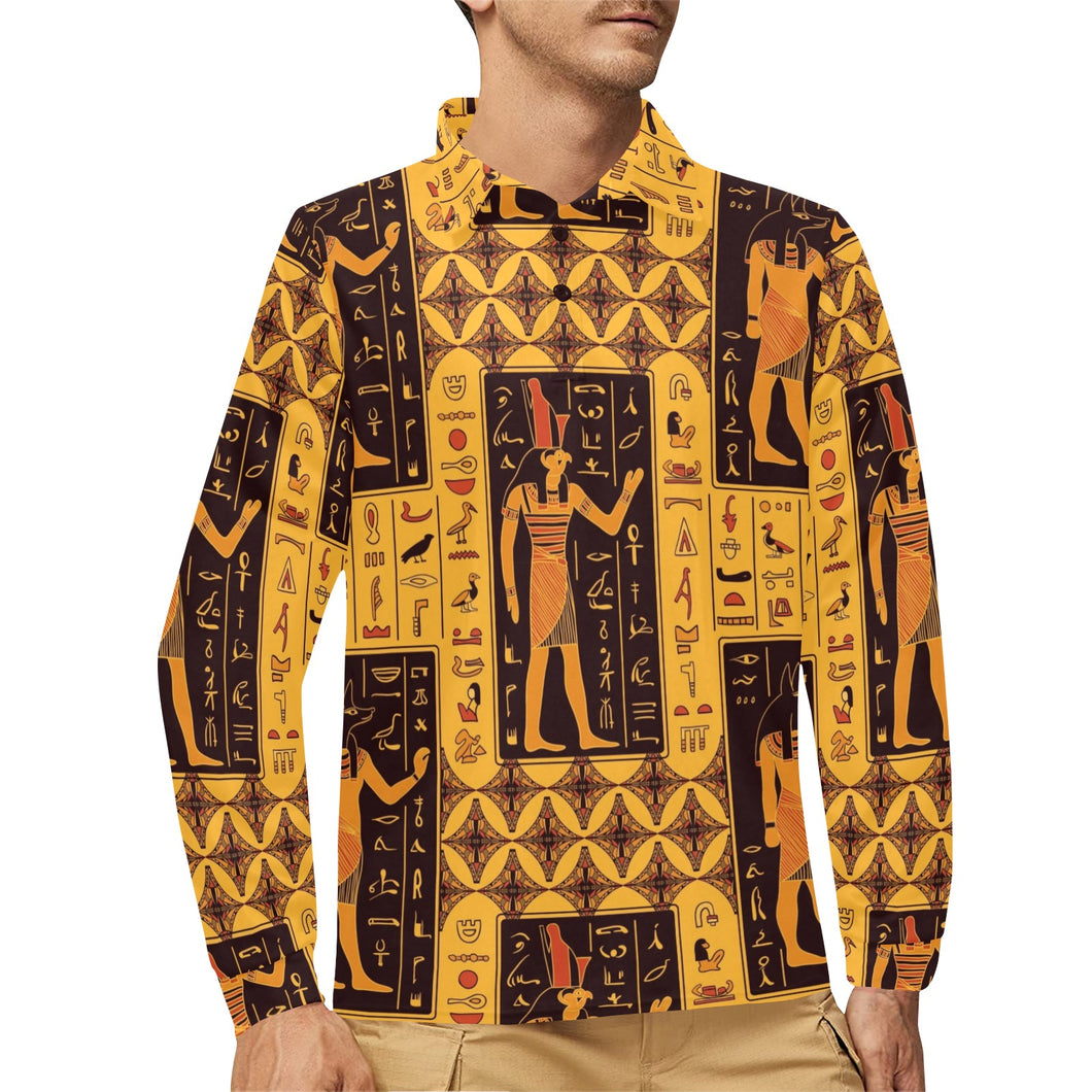 Egypt Hieroglyphics Pattern Print Design 05 Men's Long Sleeve Polo Shirt