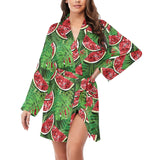 Watermelons tropical palm leaves pattern backgroun Women's Long Sleeve Belted Night Robe