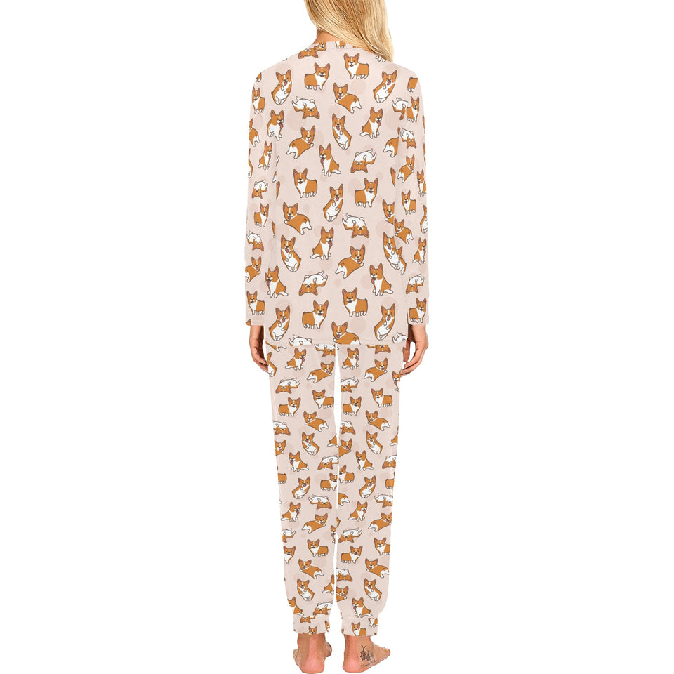 Cute Corgis Pattern pink background Women's All Over Print Pajama Set