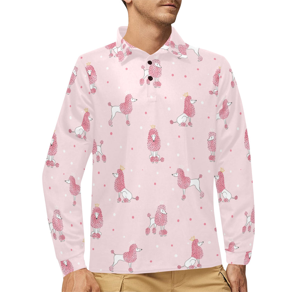 Poodle dog pink color theme Men's Long Sleeve Polo Shirt