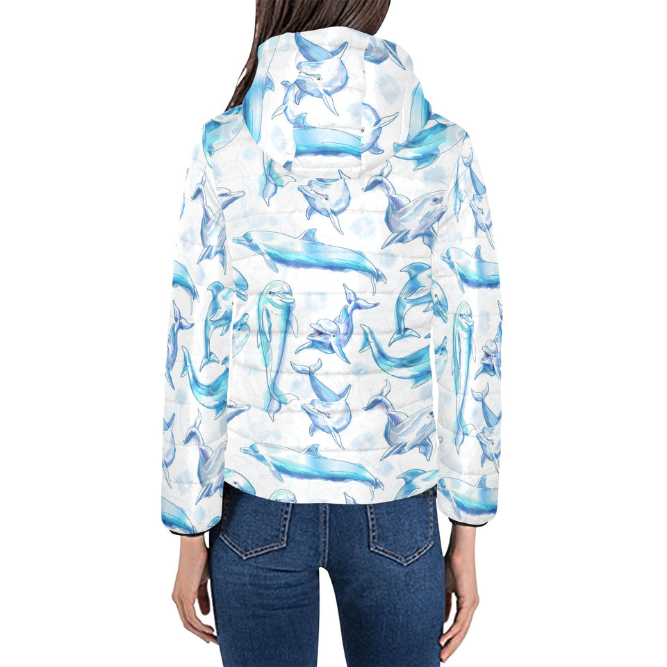 Watercolor dolphin pattern Women's Padded Hooded Jacket