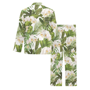 White orchid flower tropical leaves pattern Men's Long Pajama Set