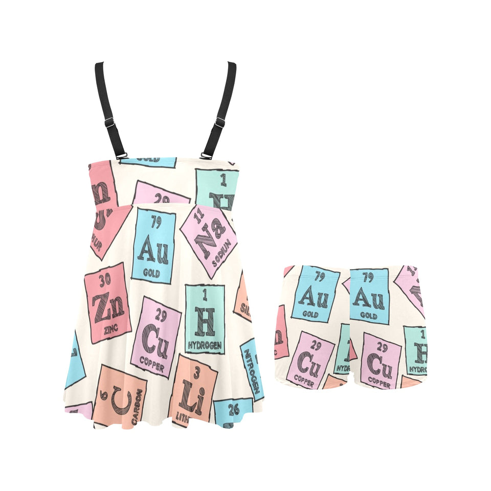 Chemistry Periodic Table Pattern Print Design 02 Chest Sexy Pleated Two Piece Swim Dress
