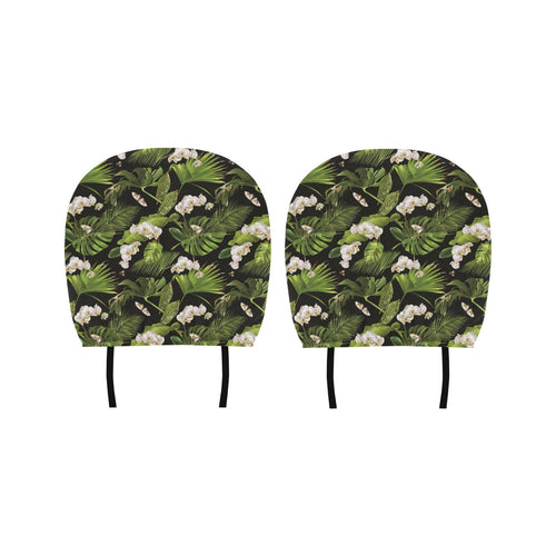 White orchid flower tropical leaves pattern blackg Car Headrest Cover