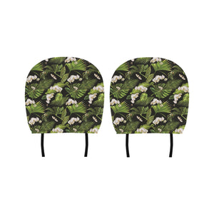 White orchid flower tropical leaves pattern blackg Car Headrest Cover