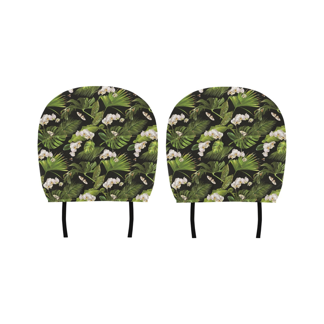 White orchid flower tropical leaves pattern blackg Car Headrest Cover