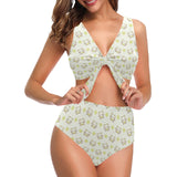 Cute cartoon frog baby pattern Chest Bowknot High Waisted Bikini Swimsuit