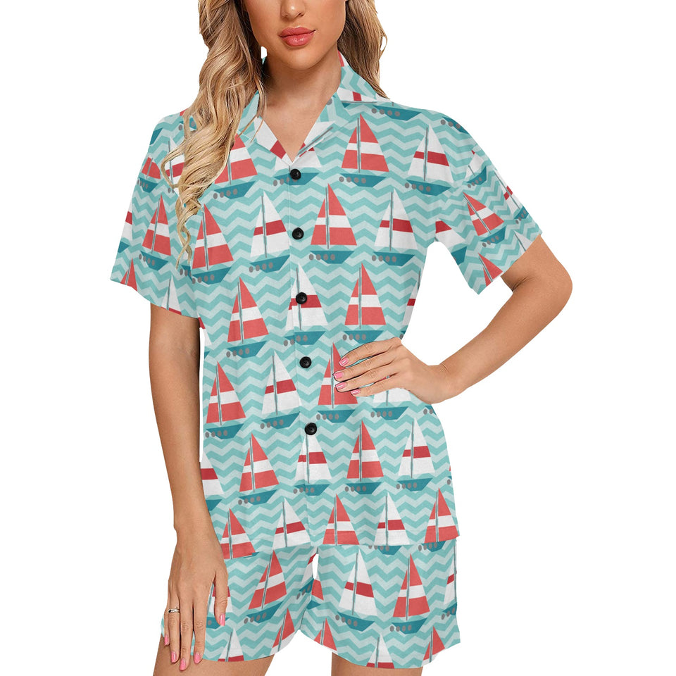 Red White sailboat wave background Women's V-Neck Short Pajama Set