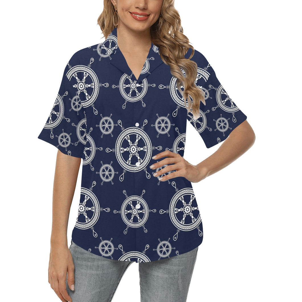 nautical steering wheel design pattern Women's All Over Print Hawaiian Shirt