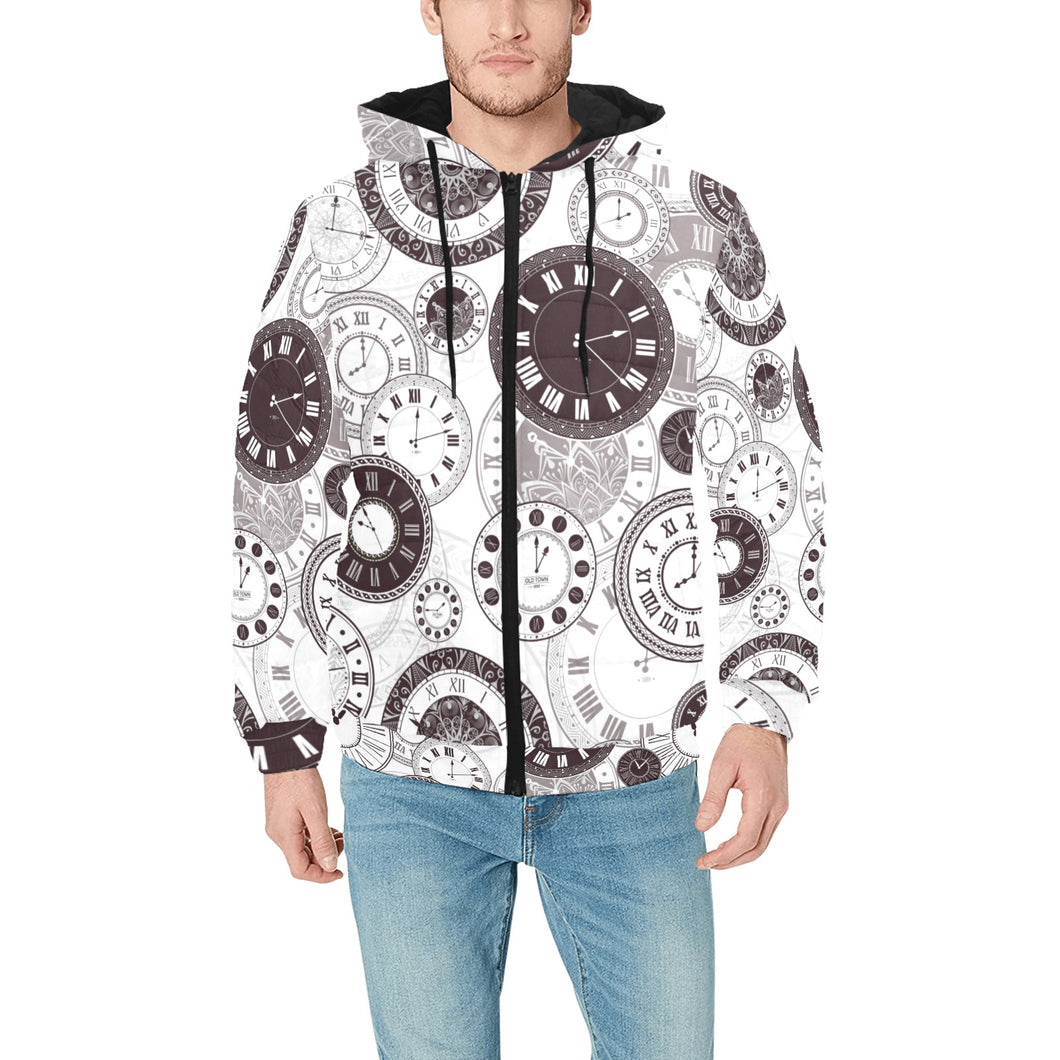 Classic vintage clock pattern Men's Padded Hooded Jacket