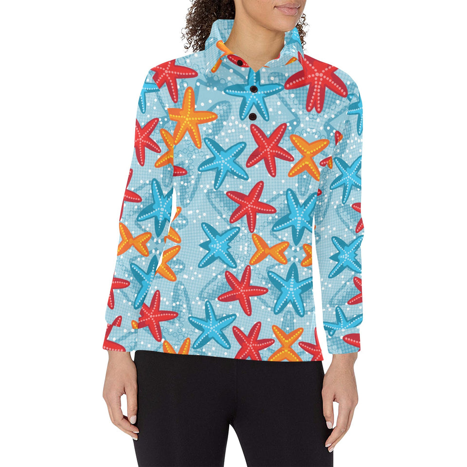 Blue red orange starfish pattern Women's Long Sleeve Polo Shirt