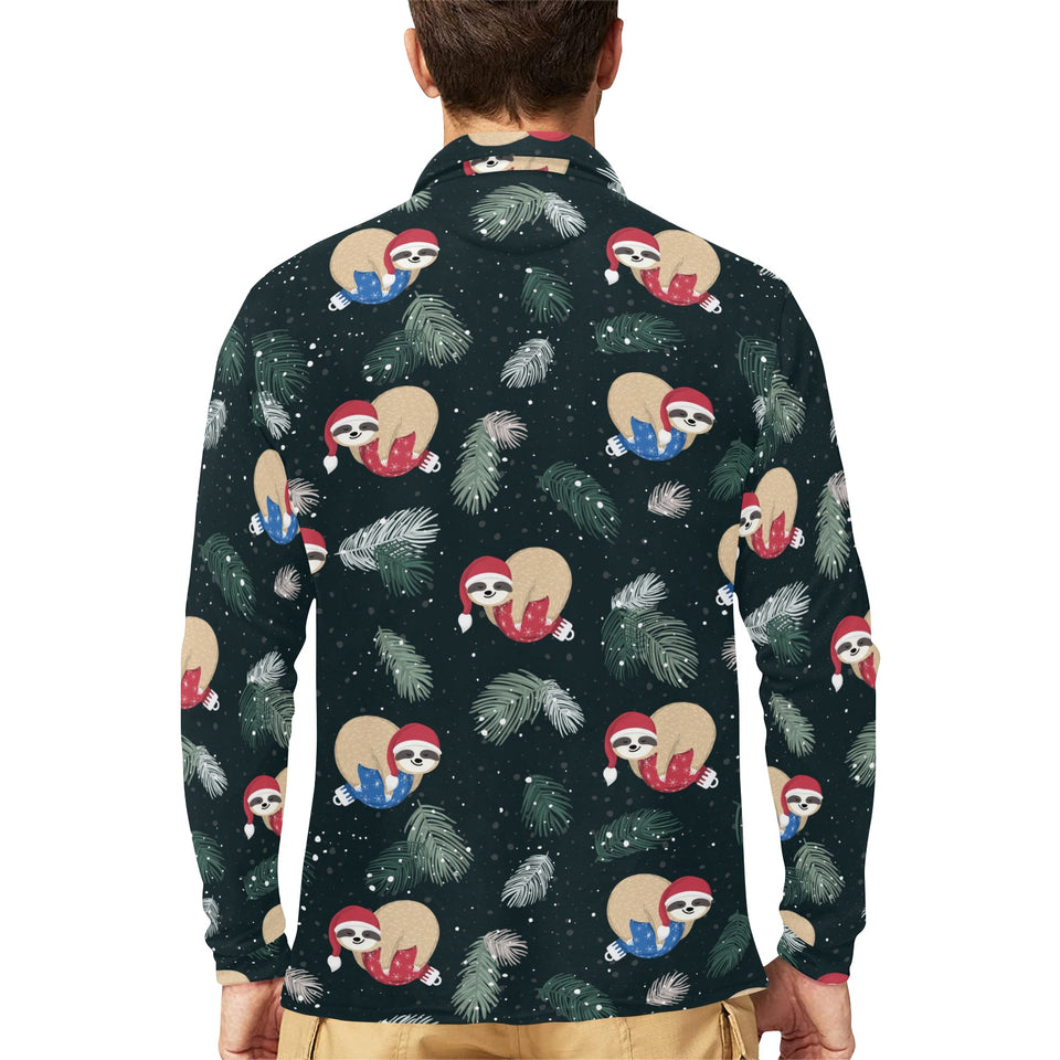 Cute sloths sleeping christmas ball santa hat patt Men's Long Sleeve Polo Shirt