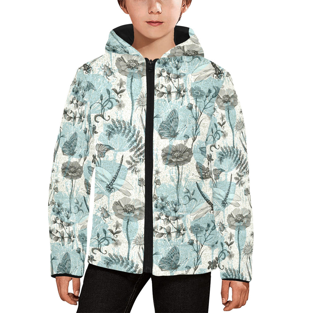 Dragonfly Butterfly Plants insect flower vintage s Kids' Boys' Girls' Padded Hooded Jacket