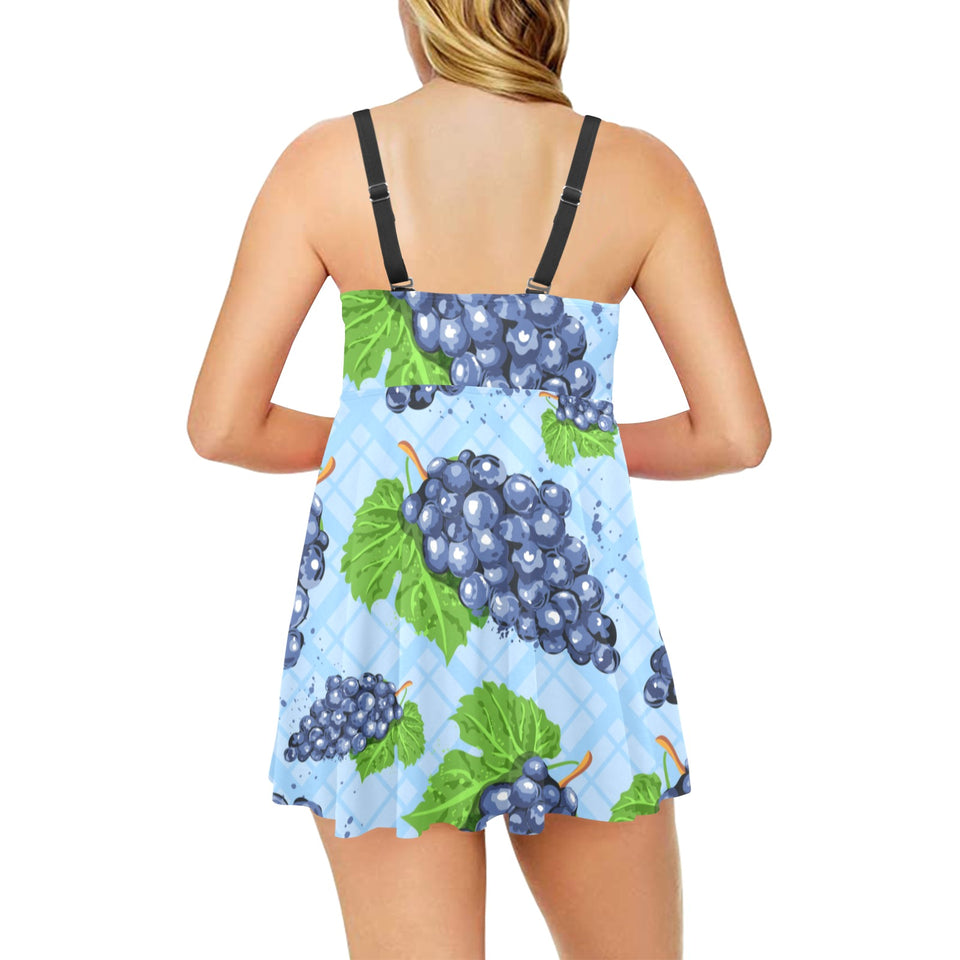 Watercolor grape pattern Chest Sexy Pleated Two Piece Swim Dress